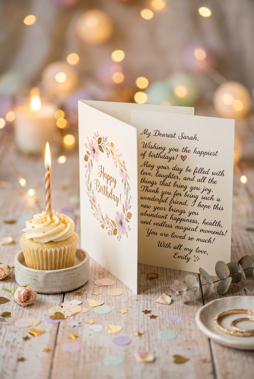 Cartão de aniversário vertical com mensagem manuscrita, luzes bokeh, cupcake e confetes, em tons pastéis e dourados.